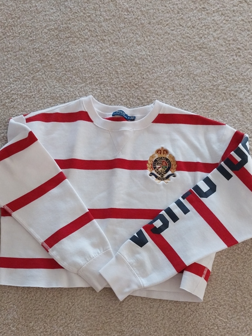 Ralph Lauren White & Red Striped  Crest Sweatshirt with Sleeve Logo